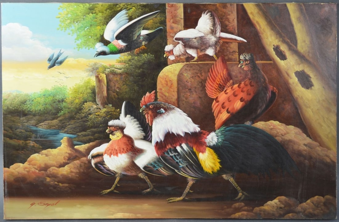 BARNYARD GENRE SCENE PAINTING SIGNED (1 of 6)