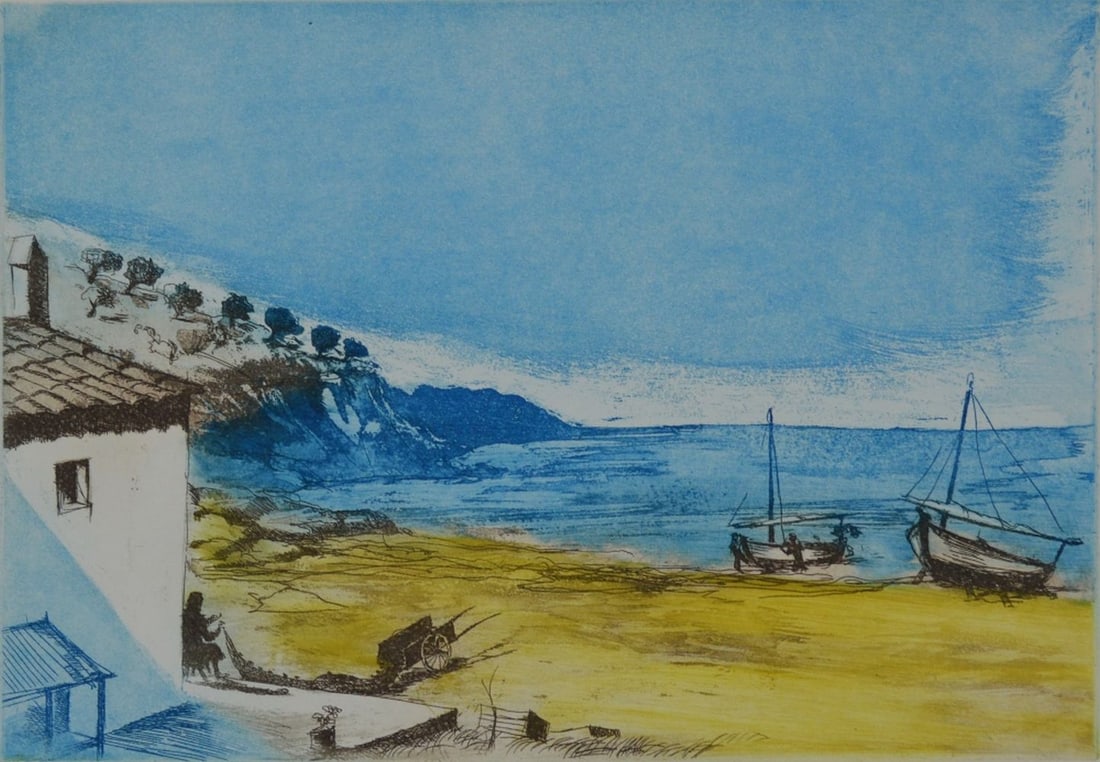 MEDITERRANEAN FISHING VILLAGE LITHOGRAPH SIGNED (1 of 7)