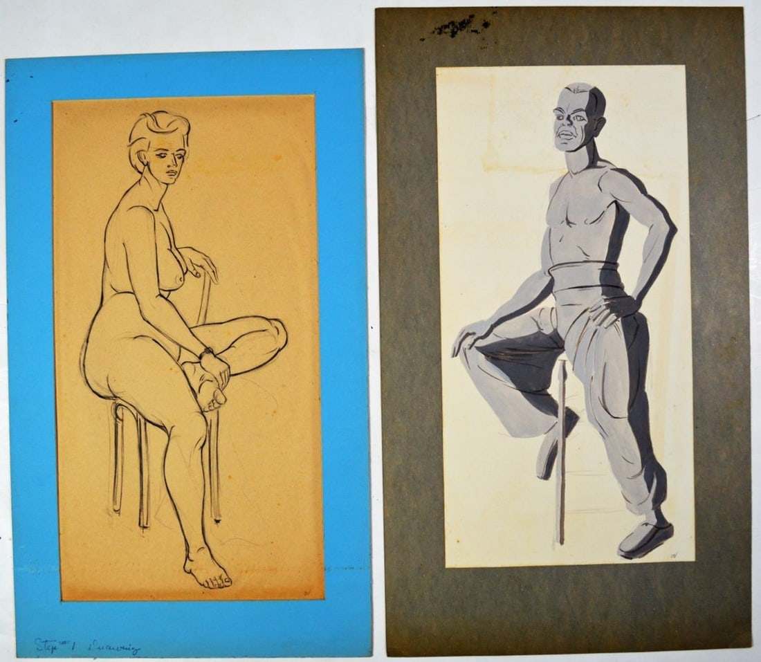 2 CHARLES VUKOVICH DRAWINGS 1 NUDE SIGNED: Charles Blaze Vukovich (NY/NJ 1917-1986). Lot of 2 figural paintings of a handsome man and beautiful nude woman in relaxed poses. They appear to be illustration art type works. One mixed media on pape