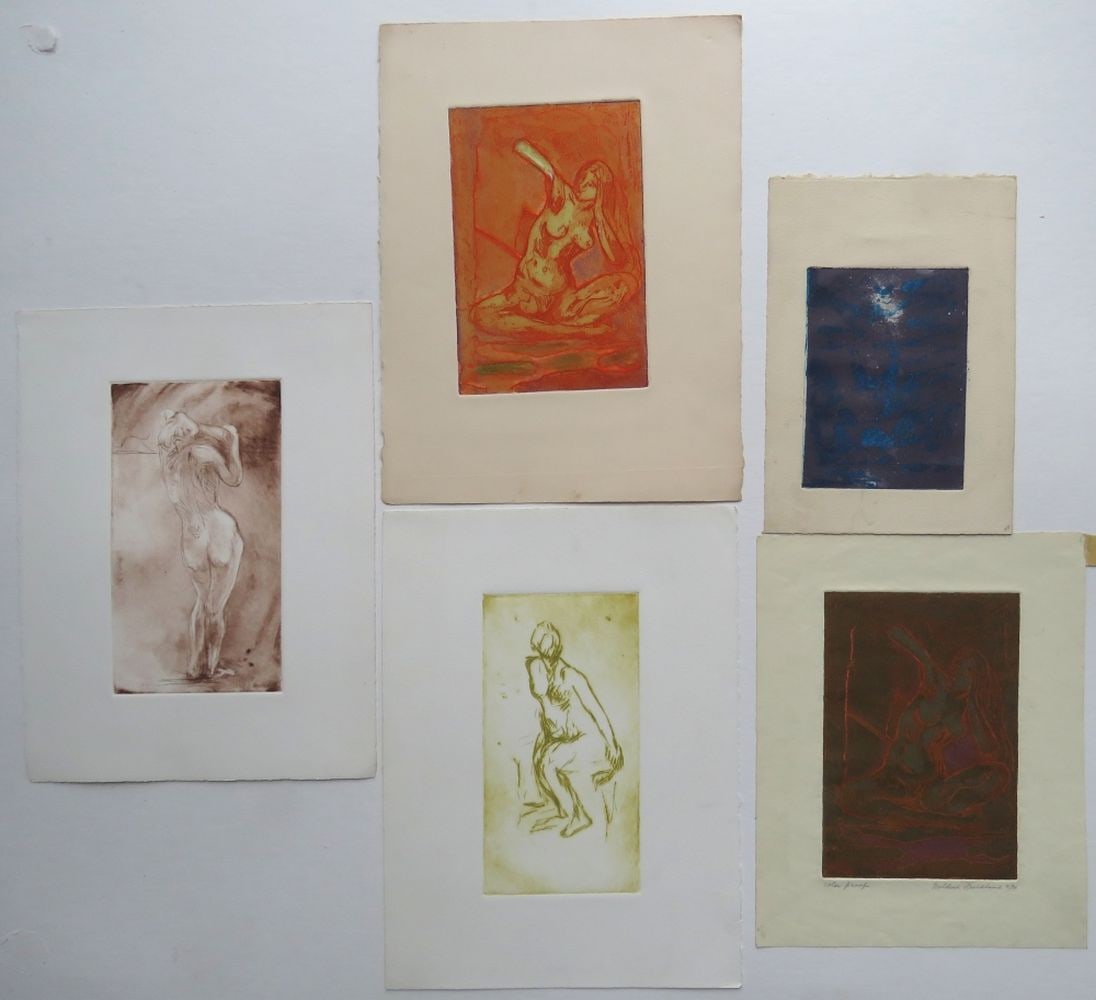 5 NUDE ABSTRACT FINE ART ETCHINGS AQUATINT SIGNED: Mildred Friedland (Am 20th C.) 5 fine art etchings on heavy laid paper- with RIVES watermark. One signed / one initialed. Measures: Largest 15" x 11 1/4"