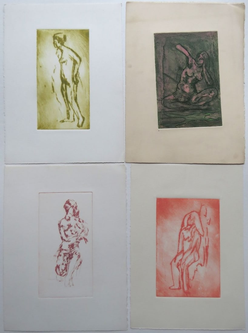 4 NUDE FINE ART COLOR ETCHINGS: Mildred Friedland (Am 20th C.) 4 fine art etchings on heavy laid paper- with ARCHES watermark. Unsigned. Measures: Largest 15" x 11"