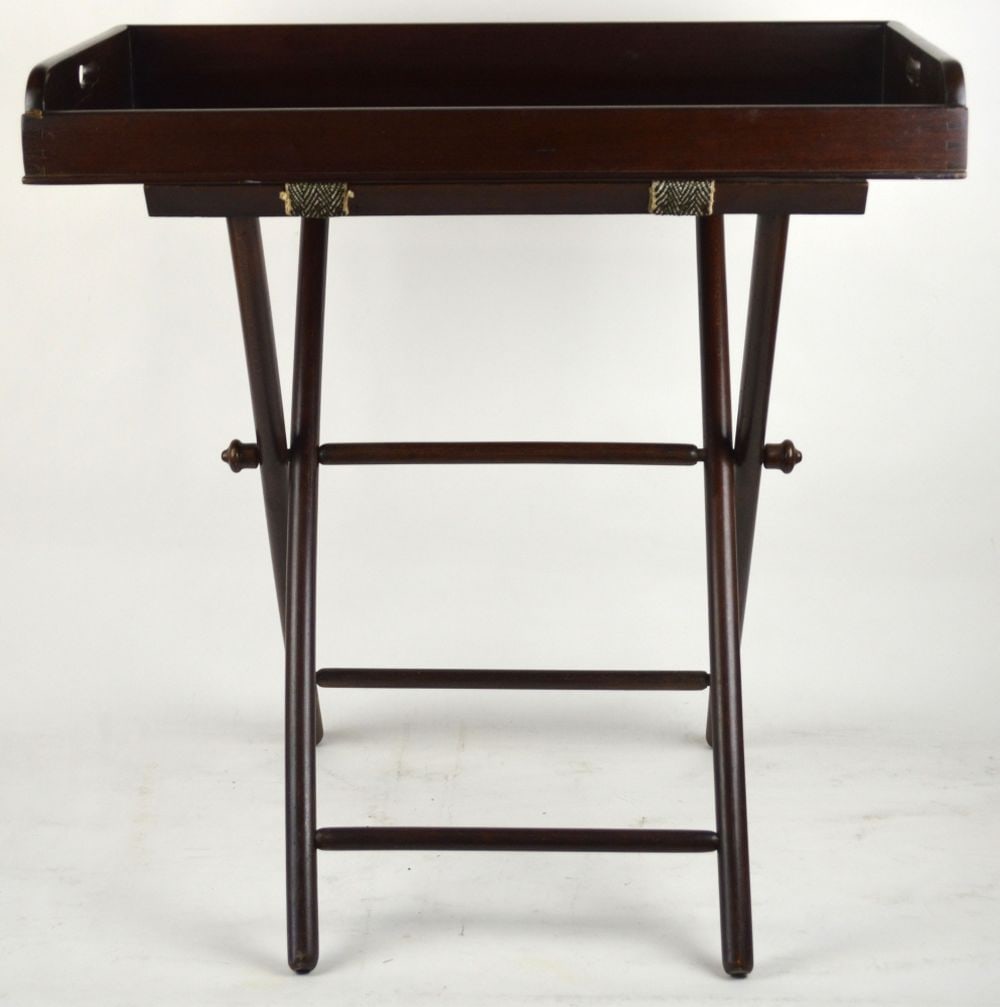 VINTAGE BUTLER TRAY W FOLDING WOOD STAND: A vintage butler tray with scissor folding leg stand. The tray and stand are not visibly marked / signed. Measures: H 31" x W 30" x D 17"