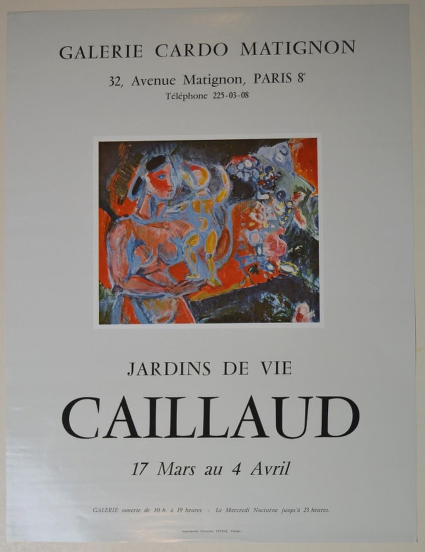 VINTAGE FRENCH ART EXHIBITION POSTER: Aristide Caillaud (1902-1990 France). Vintage exhibition poster from an exhibit held at the Galerie Cardo Matignon, in the 8eme, Paris. Printed by Nouvelle VETELET, Cholet. Measures: 20 5/8" x 15 3/4"