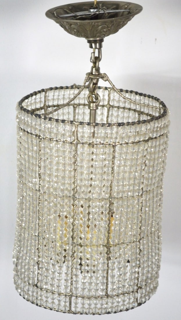 MODERN BEADED GLASS CHANDELIER: A modern, beaded glass style chandelier / light fixture. Measures: H 18" x Dia 9"