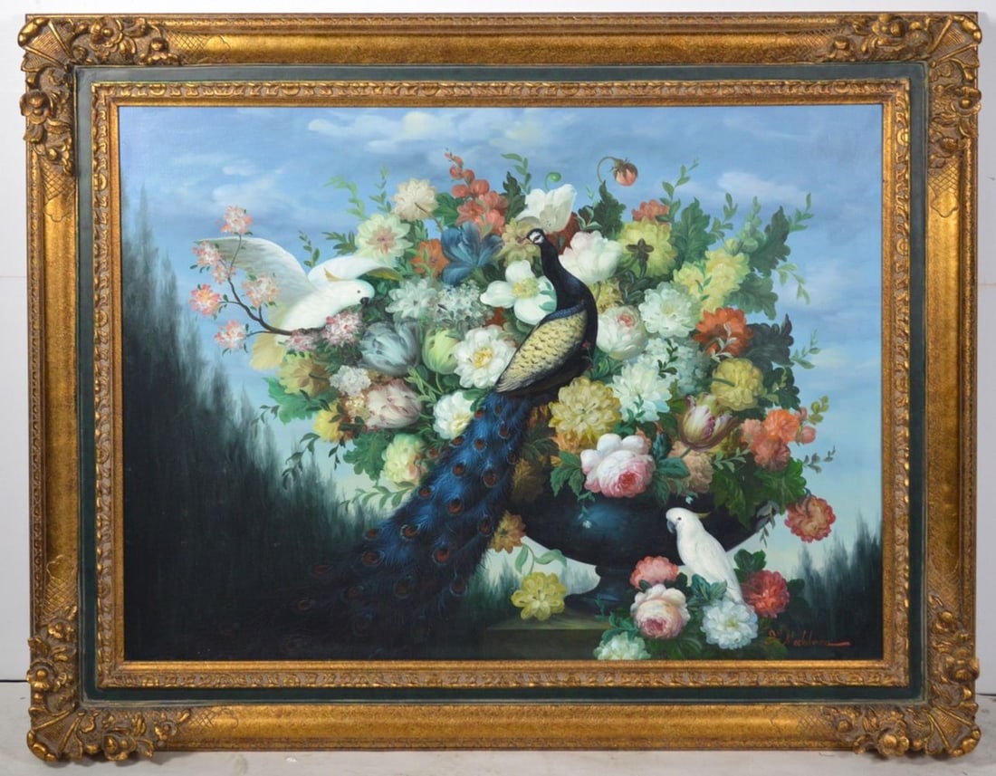 PEACOCK PAINTING SIGNED W FLORENTINE STYLE FRAME (1 of 8)