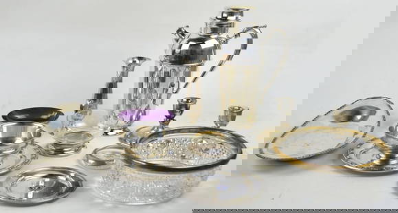 VINTAGE SILVER PLATE LOT INC GORHAM: A vintage lot of silver plate ware. Includes a Black Starr & Gorham cocktail shaker, Towle vase, and a Reed & Barton royal purple enamel footed bowl Measures: Largest 12" x 8" x 4"