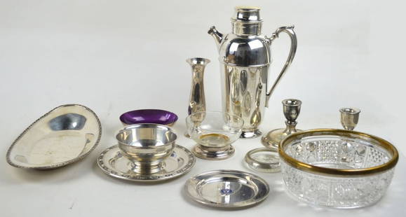 VINTAGE SILVER PLATE LOT INC GORHAM: A vintage lot of silver plate ware. Includes a Black Starr & Gorham cocktail shaker, Towle vase, and a Reed & Barton royal purple enamel footed bowl Measures: Largest 12" x 8" x 4"