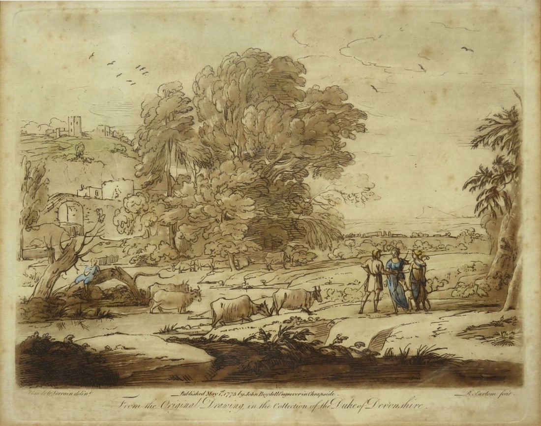 CLAUDE LORRAIN ETCHING C. 1776: An antique mezzotint in sepia and aquatint after a drawing by Claude Lorrain. Published by John Boydell and engraved by Richard Earlom. "From an Original Drawing in the Collection of the Duke of Devon