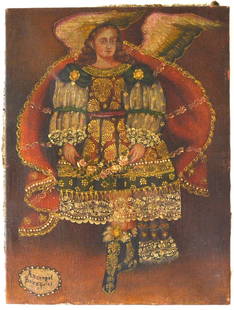 SPANISH COLONIAL SANTOS PAINTING ARCHANGEL: A vintage Spanish Colonial painting of the "Arcangel Baraquiel as noted in the cartouche in the lower left. The work is oil on canvas/linen. It does not appear to be signed. Measures: H 15 1/2" x W 11
