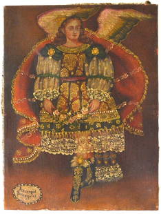 SPANISH COLONIAL SANTOS PAINTING ARCHANGEL: A vintage Spanish Colonial painting of the "Arcangel Baraquiel as noted in the cartouche in the lower left. The work is oil on canvas/linen. It does not appear to be signed. Measures: H 15 1/2"