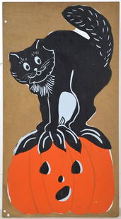 VINTAGE FOLK ART / ADVERTISING CAT PAINTING: A charming folk art painting featuring a black cat and a pumpkin. Possibly advertising art. The work is not signed and is oil/board. Measures: H 44" x W 24"