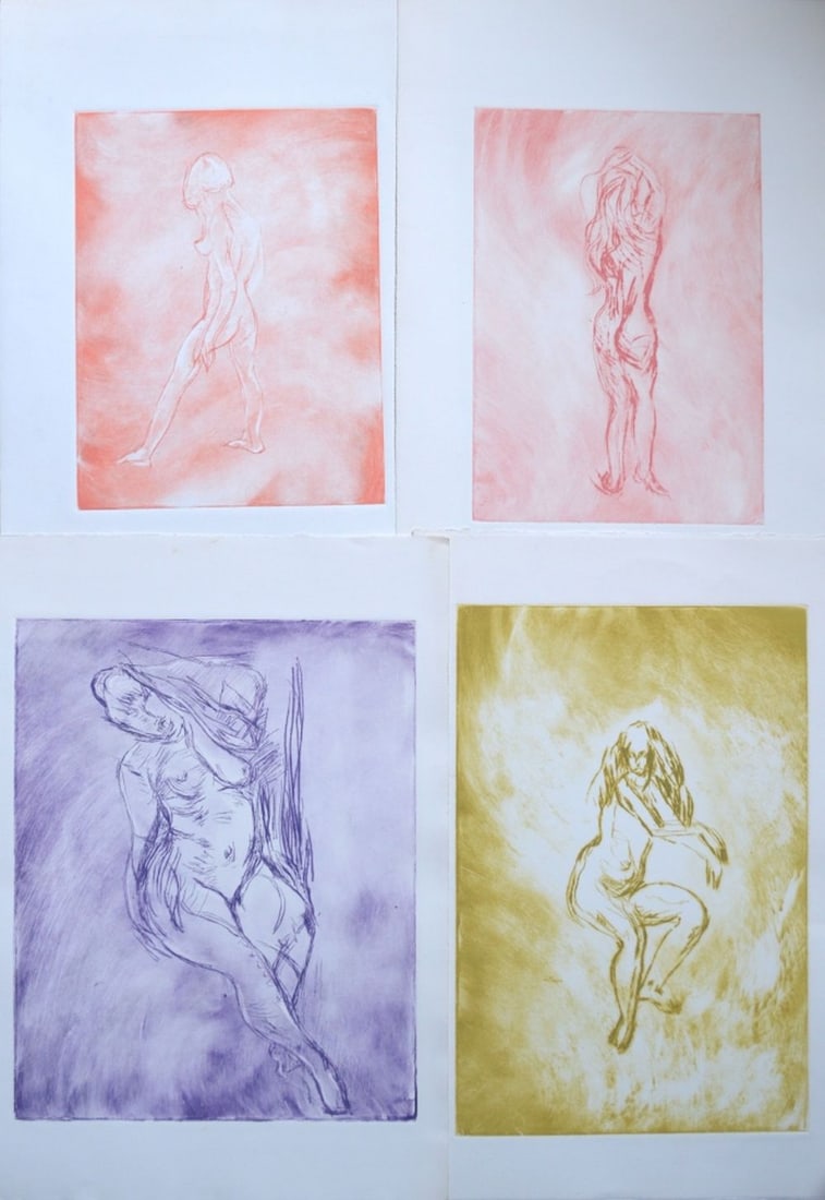 4 NUDE FINE ART ETCHINGS W AQUATINT: Mildred Friedland (Am 20th C.) 4 fine art etchings on heavy laid paper. Unsigned. Measures: Largest 22" x 15"