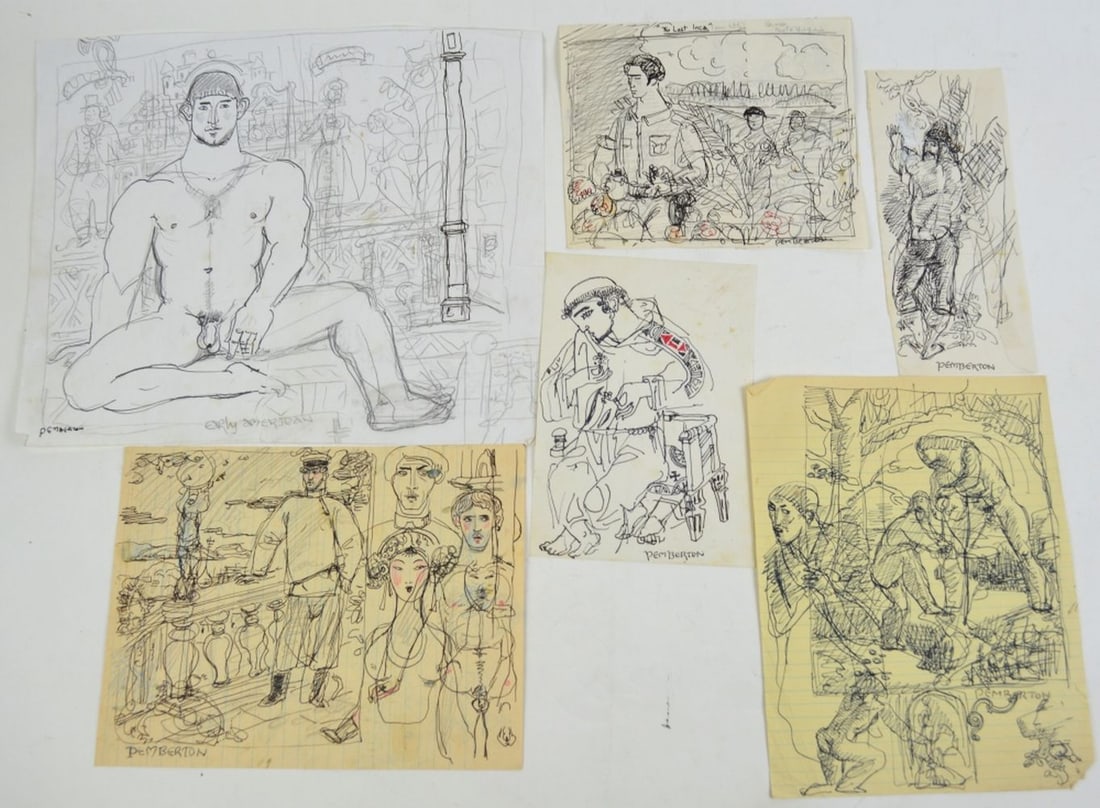 PEMBERTON HOMOEROTIC FOLK ART DRAWINGS SIGNED: Pemberton (NY 20th/21st C). Lot (7 works, 4 signed) of erotic drawings/mixed media works on paper. Racy, folksy, and homoerotic illustration art type drawings / sketches. The works consist of ink/pape