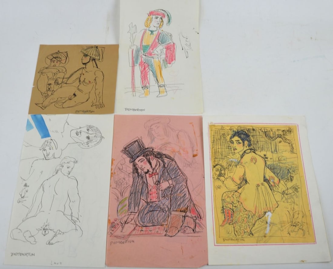 PEMBERTON HOMOEROTIC FOLK ART DRAWINGS SIGNED: Pemberton (NY 20th/21st C). Lot (5 works, 5 signed) of erotic drawings/mixed media works on paper. Racy, folksy, and homoerotic illustration art type drawings / sketches. The works consist of ink/pape