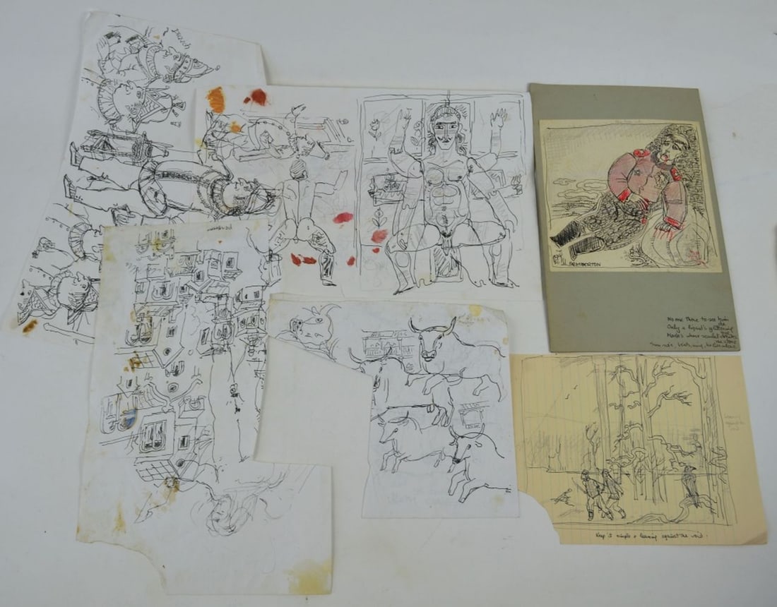 PEMBERTON HOMOEROTIC FOLK ART DRAWINGS SIGNED: Pemberton (NY 20th/21st C). Lot (5 works, 1 signed) of erotic drawings/mixed media works on paper. Racy, folksy, and homoerotic illustration art type drawings / sketches. The works consist of ink/pape