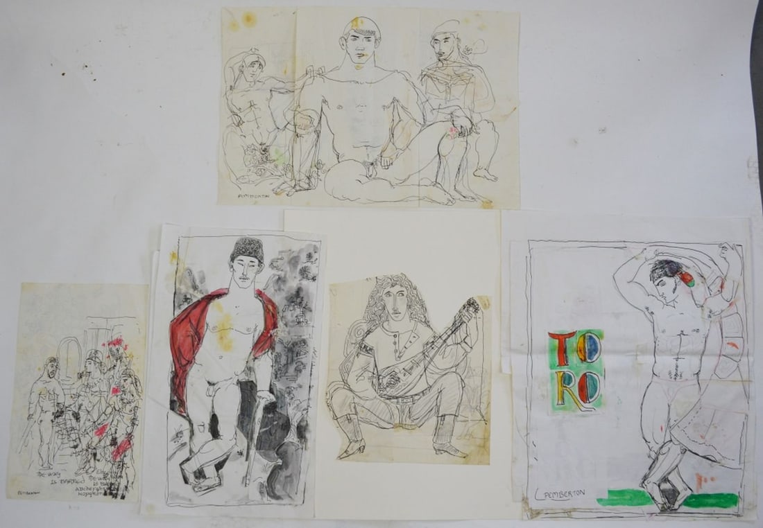 5 PEMBERTON HOMOEROTIC DRAWINGS SIGNED: Pemberton (NY 20th/21st C). Lot of 5- 2 double sided erotic drawings/mixed media works on paper. Racy, folksy, and homoerotic illustration art type drawings / sketches. See photos for signature. Pembe