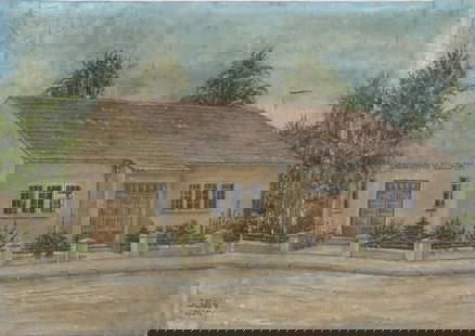 CONTINENTAL SCHOOL PAINTING SIGNED: 20th Century post-war Continental (German / Austrian) school painting of a building. Painting is O/C and it is signed illegibly and dated. . It is unframed. Measure: 17 3/4" x 25 5/8"