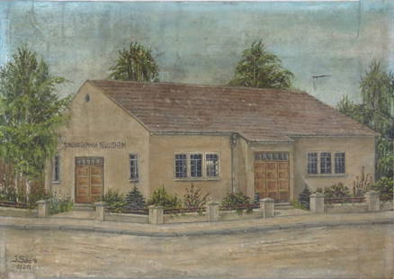 CONTINENTAL SCHOOL PAINTING SIGNED: 20th Century post-war Continental (German / Austrian) school painting of a building. Painting is O/C and it is signed illegibly and dated. . It is unframed. Measure: 17 3/4" x 25 5/8"