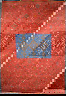 MOROCCAN ROOM SIZE CARPET VINTAGE: A very appealing semi-antique Moroccan flat weave carpet with jajim type figural embroidery. The rug is room size and has the original braided fringe intact. A visually enchanting carpet. Likely 2nd h