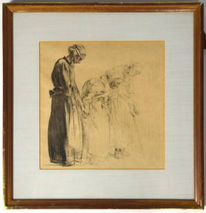 SIR FRANK WILLIAM BRANGWYN LITHO PRINT: Sir Frank Brangwyn (British, 1867 - 1956) Three blind women. Lithograph / print. Work is not visibly signed. Framed, under glass, in a gilt edge gallery frame, with Far Gallery (Madison Ave, NY) label