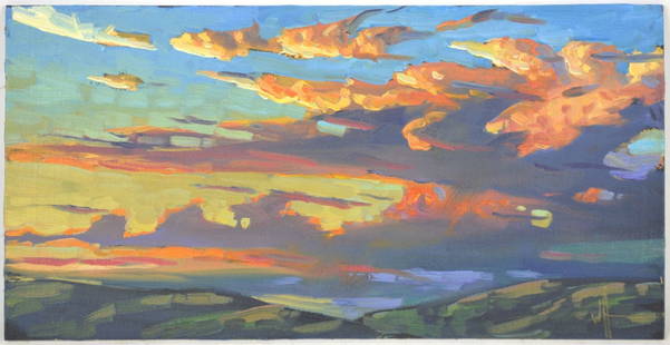 MODERN EXPRESSIONIST SIGNED PAINTING: A very well done modern landscape painting. The work creates a wonderful colorscape and captures a brilliant skyview. The work is oil/canvas board. It is signed, LR, with initials (WH ?). Measures: H