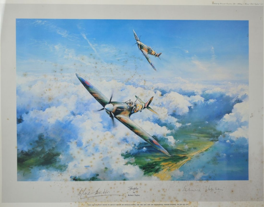 ROBERT TAYLOR SPITFIRE WW2 PRINT FRAMED SIGNED: After Robert Taylor - 'Spitfire', color print, signed in pencil by Douglas Bader and Johnnie Johnson, Designated as a First Edition Print. Framed, under glass. Measures: H 22 1/4" x W 26 1/4"