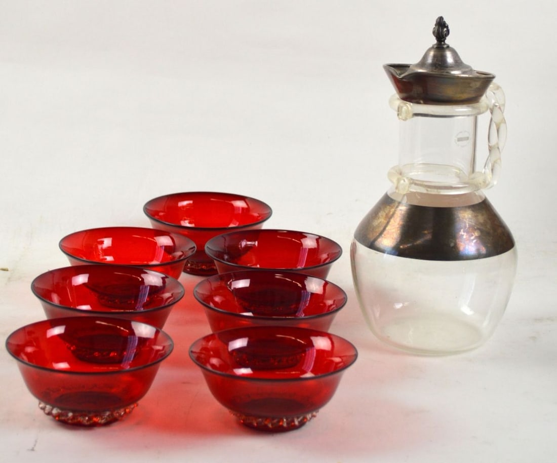 CORNING SILVERED PITCHER & SET CRANBERRY GLASS (1 of 8)