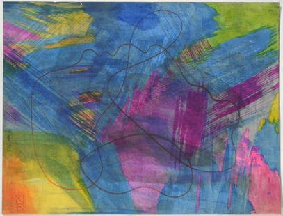 CHARLES FODOR ABSTRACT PAINTING SIGNED: Charles Fodor (20th C US). A good post-modernist abstract colorfield painting. The work is mixed media on heavy laid Fabriano (blind stamped/marked) paper. It is signed, titled (verso), and