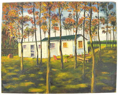 VINTAGE MID CENTURY FOLK ART PAINTING SIGNED: A 20th century American Folk Art landscape painting of a cottage in the woods. The work is oil/canvas board and is signed, and dated (1966). Measures: 16" x 20"