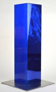 POST MODERN ABSTRACT GEOMETRIC SCULPTURE: A post-modern abstract geometric sculpture. The work is of a metal alloy (steel alloy) with a blue semi-translucent polymer finish. The work bears a Polich Art Works label. It is not visibly signed. F