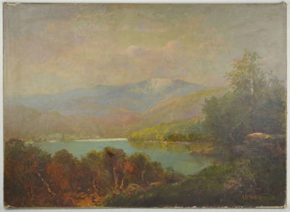 CHARLES H CHAPIN HUDSON RIVER PAINTING SIGNED: Charles Henry Chapin (US 1830-1889). A very good Hudson River School painting of a water view with mountains in the background - possibly the Catskills / Southern Adirondacks. The work is oil/canvas.