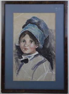 AMERICAN SCHOOL PRIMITIVE PORTRAIT PAINTING: A vintage American school portrait of a young woman. The work is w/c / gouache on rice paper. It is nicely framed under glass. The work is not visibly signed. Measures: H 27 1/2" x W 19 3/4"