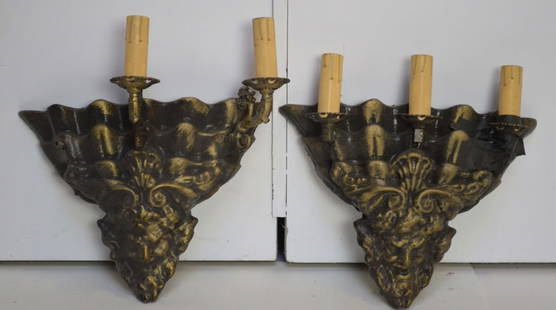 AUTHENTIC BROADWAY MUSICAL LIGHTING PROP SCONCES: A pair of custom made lighting fixtures. Produced for, and used in, the 1994 New York production of Andrew Lloyd Webber?s Sunset Boulevard with Glenn Close Measures: H 15", W 16", D 5" Provenance: Ex-