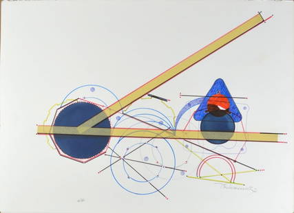 VICTOR CASSANELLI GEOMETRIC PAINTING SIGNED: Victor Cassanelli (NY 1920-1990). A geometric abstract painting reminiscent of works by Ilya Bolotowsky, Kenneth Noland, and Vasarely. The work is mixed media on heavy paper. The work is signed, dated