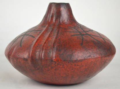 MARCELLO FANTONI FOR RAYMOR LARGE VASE SIGNED: A fine, large, art pottery / ceramic vase by Marcello Fantoni for Raymor. The work is signed, to base, and inscribed. Measures: 9" x 14" x 14"