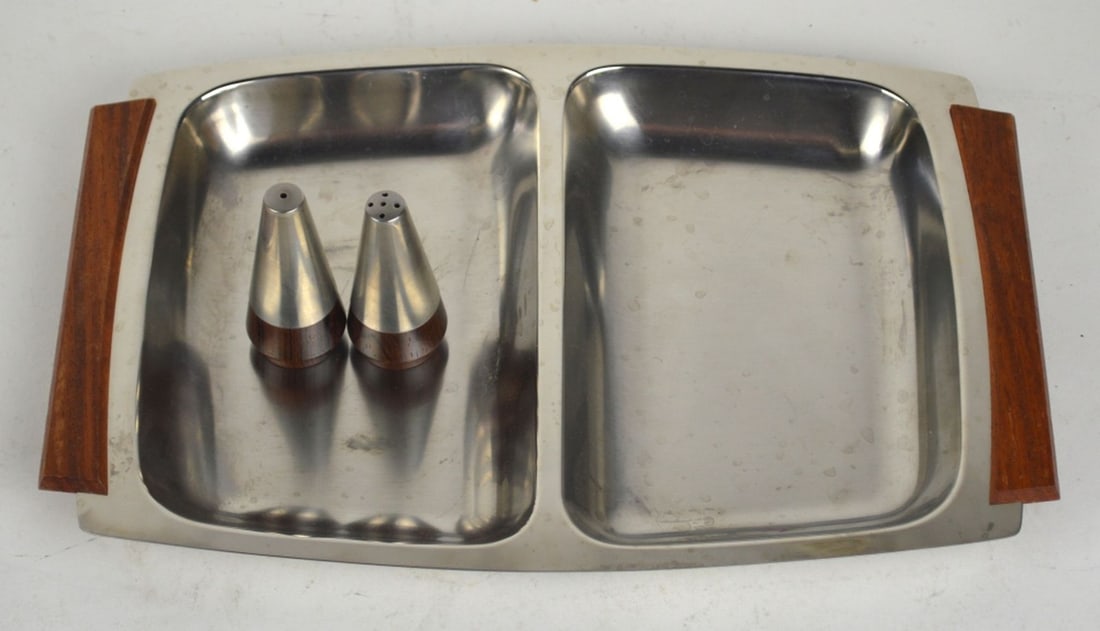 MID CENTURY TEAK AND STEEL SERVICE TRAY W SALTS (1 of 6)