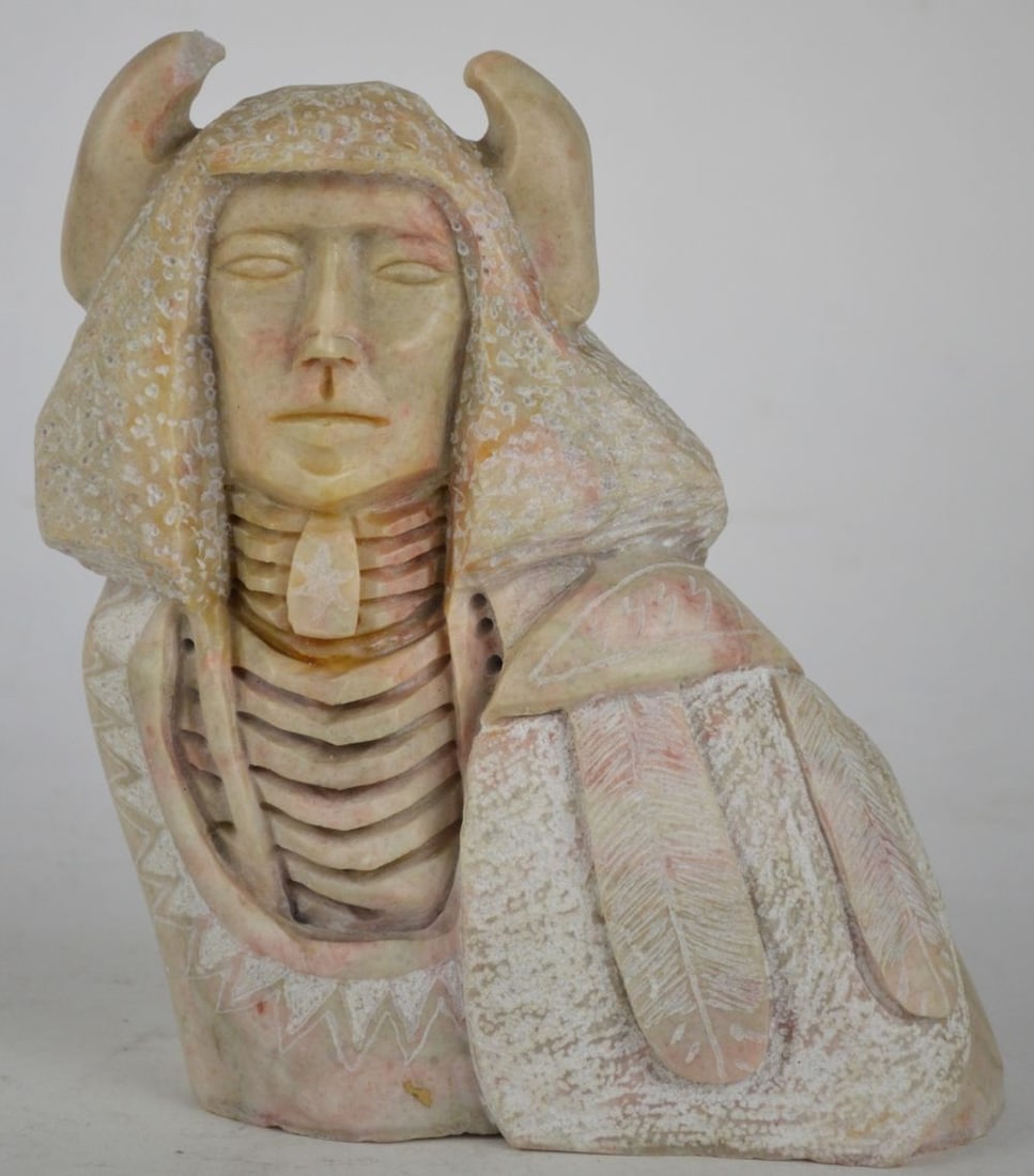 NORMAN LEWIS CARVED MARBLE CHIEF SCULPTURE SIGNED (1 of 10)