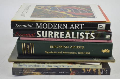 ART REFERENCE BOOK GROUPING: A grouping of art reference books. Includes a work on European artists signatures/monograms. Surrealists, modern art, John Singer Sargent, etc. Measures: 7" x 10" x 13"