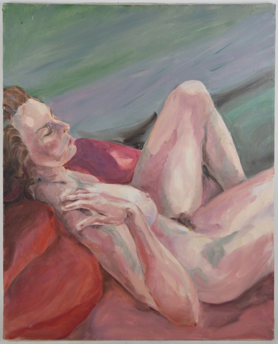 NUDE PAINTING OF A RECLINING WOMAN: A modern impressionist painting of a reclining nude woman. The work is oil/canvas. It is not visibly signed. Measures: 30" x 24"