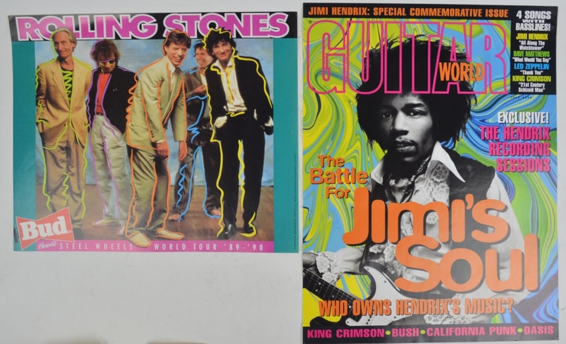 VINTAGE ROCK POSTERS: Vintage Rolling Stones and Jimi Hendrix posters. Measures: Largest 23" x 17"