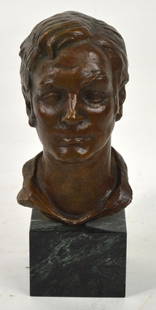 HAZEL BRILL JACKSON BRONZE SCULPTURE SIGNED: Hazel Brill Jackson (1894-1991 NY/CA). A bronze sculptural bust of a handsome man. The work is mounted on a marble pedestal. It is signed with the artist's mark. Measures: 12" x 6" x 4 1/2" 