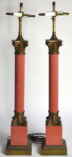 PAIR 2 ROMANESQUE MID CENTURY COLUMNAR TABLE LAMPS: Attractive pair of vintage columnar Romanesque style table lamps. Measures: H 30 1/2" x W 5 1/4" x D 5 1/4"