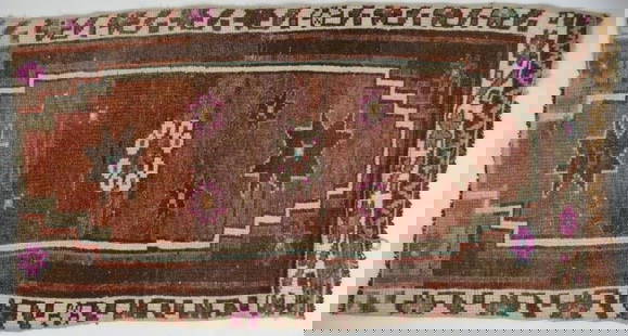 ANTIQUE / VINTAGE ORIENTAL CARPET RUG MAT: An antique / vintage hand woven Oriental carpet. Likely early/mid 20th C south/central Anatolian origin. Measures: 23" x 43"