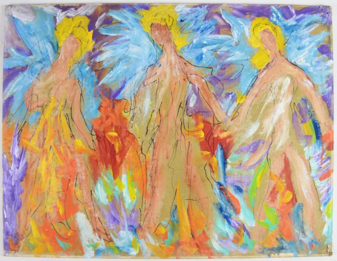 MODERN ABSTRACT PAINTING DOUBLE SIDED: A modern, abstract outsider art double sided painting. One side features musical performers, the other abstract nude human forms. The works are oil/board. May be attributable to Nathaniel Reich. Measu