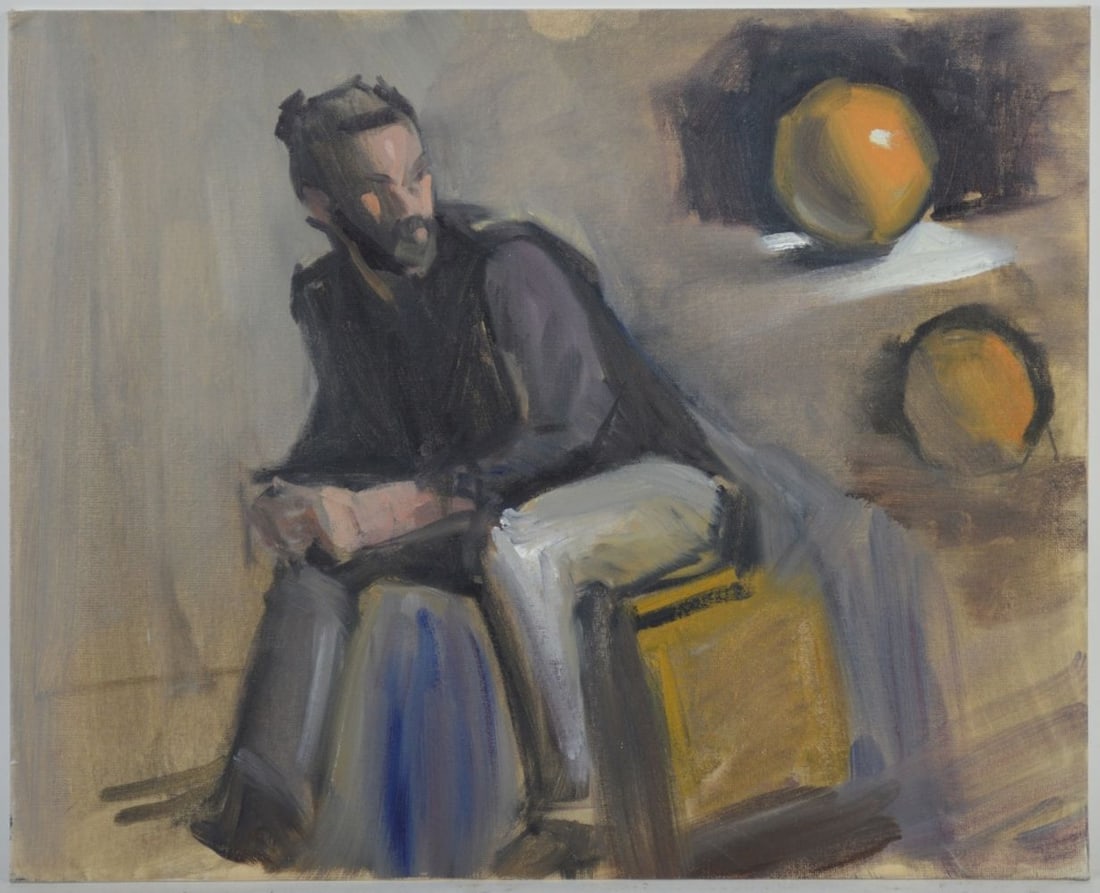 IMPRESSIONIST MALE FIGURAL PORTRAIT: A modern impressionist painting of a seated man. The work is oi/canvas board. The work is not visibly signed. It is unframed. Measures: 16" x 20"
