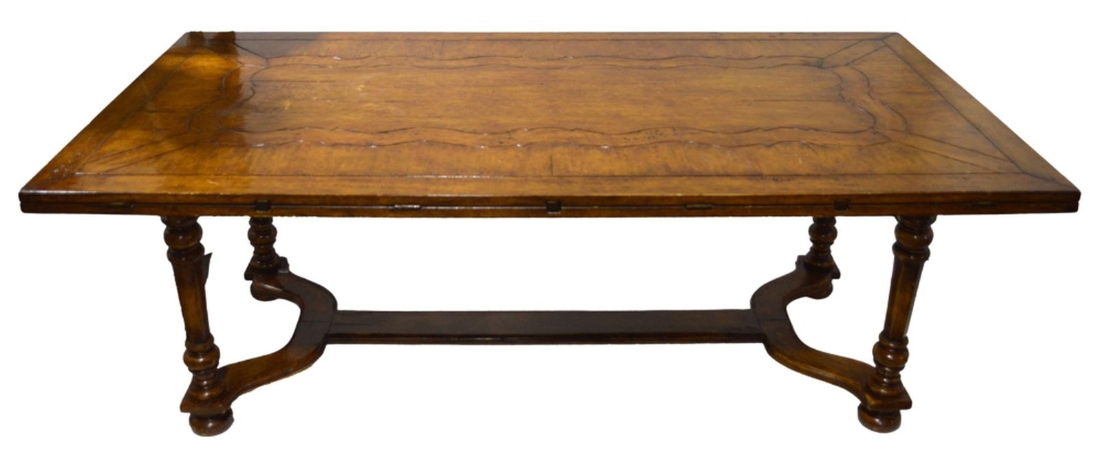 CHARLES POLLOCK STRETCHER BASE DINING TABLE SIGNED: A fine and well made Charles Pollock (US / Los Angeles) solid wood, stretcher base dining table with rectangular to oval drop leaves. Measures: H 30" x L 84" x D 42" Extended: H 30" x 101" x D 65"