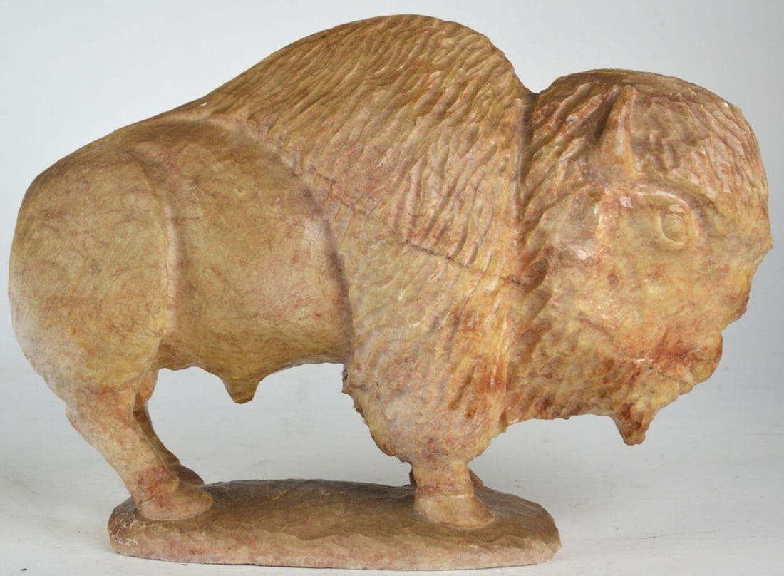 TED CREEPINGBEAR KIOWA BUFFALO SCULPTURE SIGNED: Theodore Roosevelt (Ted) Creepingbear (1952-2022 - Kiowa / Pawnee / Arapahoe). An imposing and very well executed stone sculpture of a buffalo. This work, much like the living buffalo, appears more im