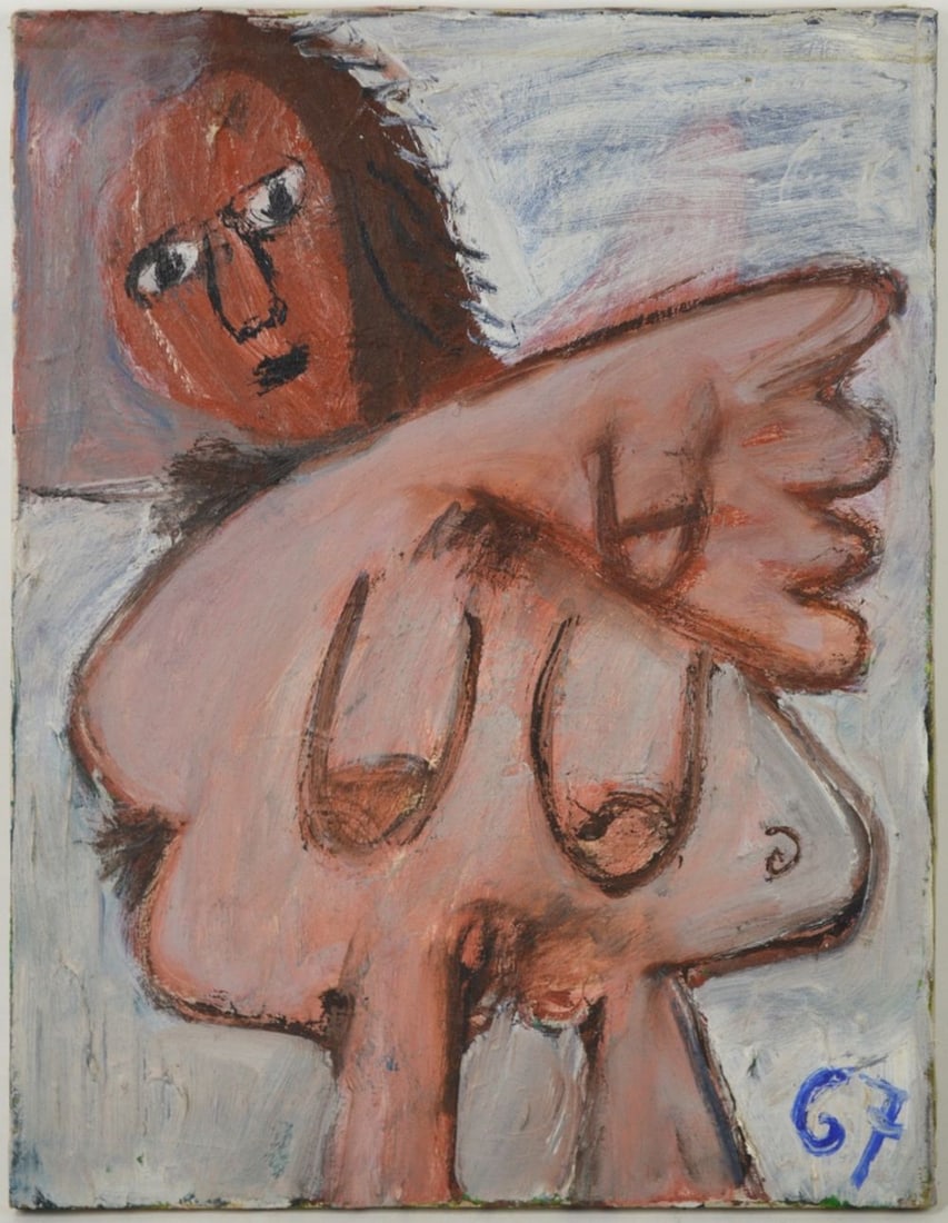 20TH C MODERN ABSTRACT NUDE FIGURE PAINTING: An unusual, and strangely engaging, modern expressionist folk art type painting of a nude figure. The work is dated (1967) and does not appear to be signed. It is unframed. Measures: 20" x 16"