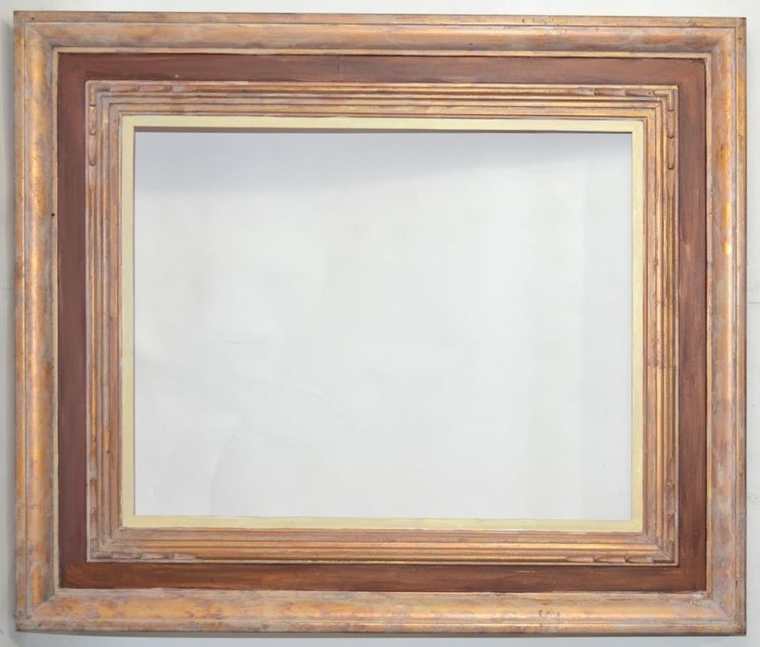 GOOD VINTAGE 20TH C REGIONALIST CASSETTA FRAME: A vintage (late 20th C) regionalist type ochre tinted cassetta frame with carved details. Measures: 28 1/4" x 24 1/4" Rabbet: 20" x 16"