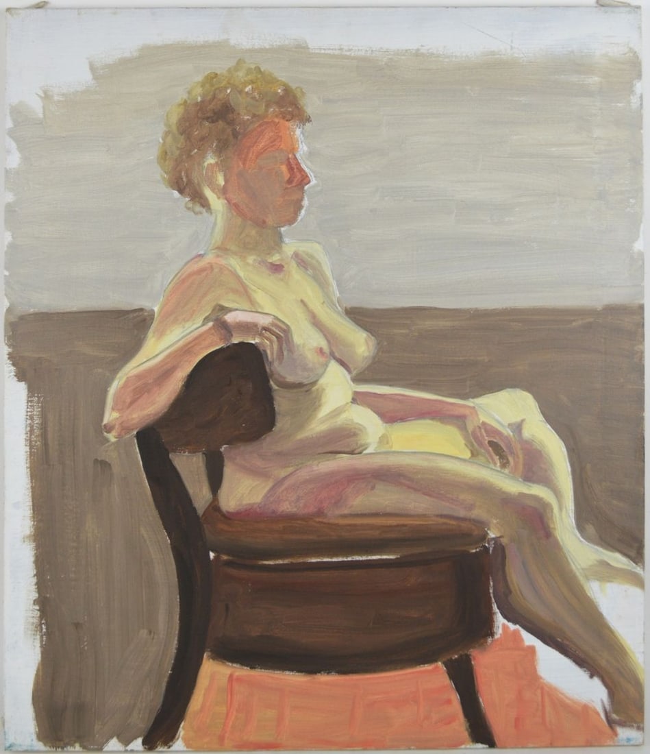 NUDE MODERNIST PAINTING: A painting of a nude reclining in a chair. The work is oil/canvas and is not visibly signed. It is unframed. Measures: 28" x 24"